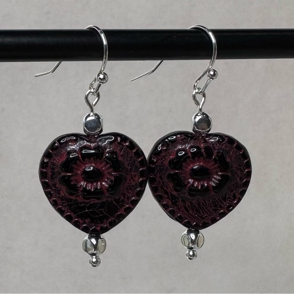 HAND CRAFTED Czech Glass Victorian Heart Earrings Purple & Silver 1 1/2” NWT - Picture 6 of 14